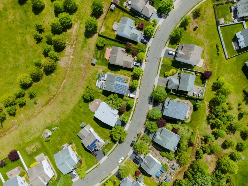 An aerial view of residential property lines.